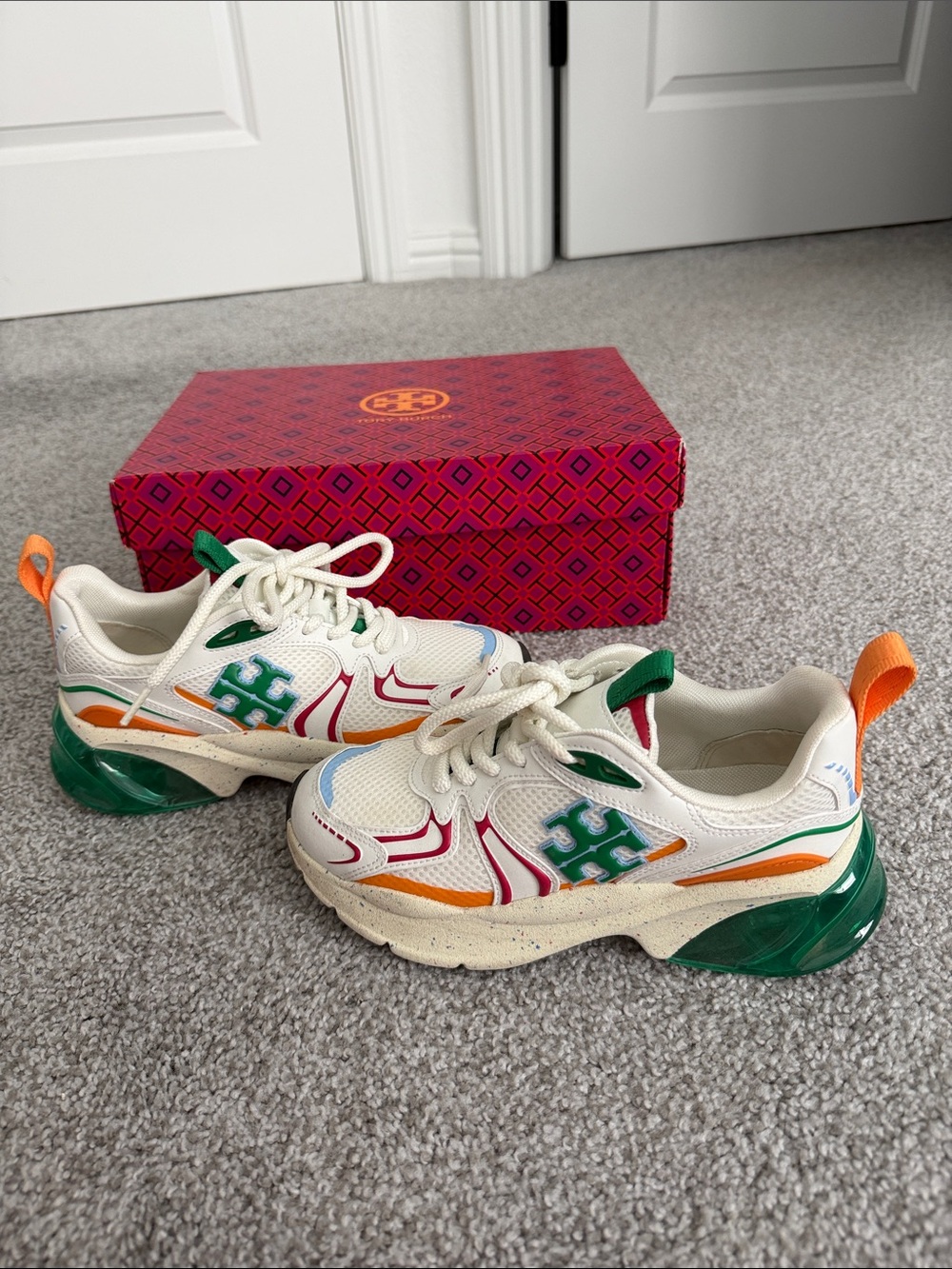 Tory Burch Good Luck Tech Trainer Mesh New Ivory/ Green/Orange